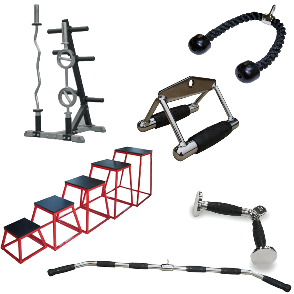 Racks, plyo boxes, and different cable machine accessories