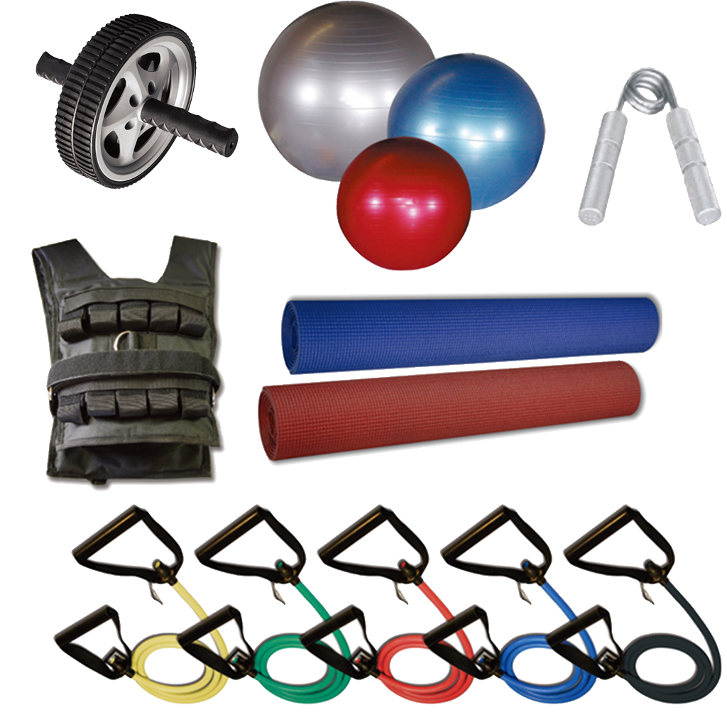 Ab roller, exercise balls, weighted vest, yoga mat, resistance bands